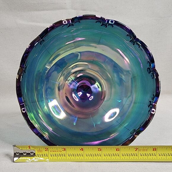 Vintage Indiana Glass Blue Carnival Glass Footed Compote – Teardrop Garland 8.5" - Picture 7 of 9